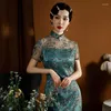 Etnisk kläder vintage stil cheongsam elegant smal spets sexig qipao kvinnor retro kinesisk traditionell klänning kort ärm vestidos