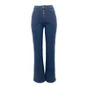 Jeans femme grande poche taille haute Denim pantalon mode décontracté Streetwear lavable fermeture éclair bleu profond pantalon évasé pour femme