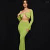 Work Dresses 2023 Women Two Piece Sets Maxi Skirt And Crop Tops Chiffon Long Sleeve Blouse Shirts Tie Waist Bottom Sexy See Through Suits