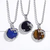 Pendant Necklaces FLOLA Nature Stone Lapis Round Disc Necklace For Women Men Stainless Steel Beads Chain Dragon Crystal Jewelry Nkeb617