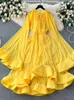 Vestidos Casuais Outono Vintage Feminino Vestido de Festa Ruffle Decote em V Elegante Flare Manga Extra Longa Cintura Alta Magro Maxi Robe Feminino Amarelo