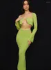 Work Dresses 2023 Women Two Piece Sets Maxi Skirt And Crop Tops Chiffon Long Sleeve Blouse Shirts Tie Waist Bottom Sexy See Through Suits