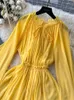 Vestidos Casuais Outono Vintage Feminino Vestido de Festa Ruffle Decote em V Elegante Flare Manga Extra Longa Cintura Alta Magro Maxi Robe Feminino Amarelo