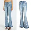 Jeans femme pantalon large en jean femme brodé évasé marguerite