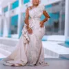 Plus Size Meerjungfrau Brautkleider Brautkleider mit abnehmbarer Schleppe Spitze applizierte Perlen Arabisch Langarm handgemachte Blume Cus3128