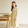 Girl Dresses Girls Vintage Floral A-Line Dress 2023 Summer Children Waist Puff Sleeves Printed Elegant Midi For Kids Party