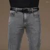 Calça Jeans Masculina High Street Corte Bota Flare Rasgado Negócios Casual Masculino Verão Fino Elástico Cinza Bota Sino Simples Calça Denim