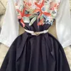 French Elegant Retro High Grade Printed Half Sleeve Dress Summer Waist Wrap Show Slim Temperament Big Swing Long Dress