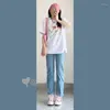 Women's Two Piece Pants 2023 Spring And Summer Casual Simple Wear Campus Style Suit Female Loose Short-sleeved T-shirt Match Straight Jeans