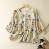 Women's Blouses Retro Vintage Tops Japan Mori Girl Baby Shirt Design Floral Print Cute Sweet Peplum Ruffles Bow Tie Button Shirts