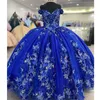 Abiti Quinceanera blu Abito da ballo 3D Appliques floreali Pizzo senza maniche Spalle scoperte Fiori fatti a mano Sweet 15 Party