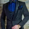 Men's Suits Navy Blue Floral Jacquard Men Slim Fit With Shawl Lapel 3 Piece Custom Wedding Tuxedo For Groomsmen Jacket Vest Pants