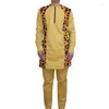 Men's Tracksuits Yellow Cotton Set Patchwork Shirt Zippered Packet Designed Male Nigerian Fashion Pant Suits African Party Wears