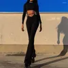 Kvinnors byxor kvinnor mode v-formad hög midja bekväm lång flare byxa solid svart tvärbältes casual bred benbyxor kvinnliga kläder