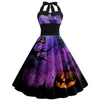 Plus -storlek kvinnor blommor skalle tryck av axel sexig halter klänning retro vintage hepburn stil ny pin up rockabilly vestido t200106