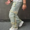 Mäns jeans faller streetwear mens denim pants mode rippade deisgn lapptäcke rak jeans män y2k stil vintage ren färg jean pant 230804