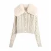 Women'S Knits Tees Women Fashion Contrast Knit Faux Fur Jacket Reverskraag Cardigan Vintage lange mouw vrouwelijke bovenkleding Chic Tops Dhzqt