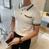 Polos Masculinos 2023 Camisa POLO de Malha Masculina Camisas de Manga Curta de Verão Emendas Listras Negócios Roupas Casuais Slim Escritório Social Top