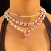 Ras du cou Y2K bijoux rose émail papillon perle collier de perles pour les femmes Baroque coeur irrégulière fleur perle cadeau