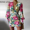 Robes Décontractées Femmes Chic Col V Profond Floral Lanterne Manches D'été Plis Bouton Sexy Robe En Mousseline De Soie