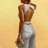 Basic Casual Jurken Jumpsuit Dames Ronde hals Mouwloos Persoonlijkheid Pailletten Zilver Stip Dameskleding Modieus Ruglooze Lange lengte Sexy Jump Suit HKD230807