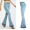 Jeans femme pantalon large en jean femme brodé évasé marguerite