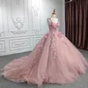 Rose Pink Mexican Charro Quinceanera Dresses 3d Floral Lace Pärled Corset Chapel Train Sweet 15 Vestidos de Debutantes Pink