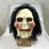 Party Maskers Film Saw Chainsaw Massacre Jigsaw Puppet Maskers met Pruik Haar Latex Griezelig Halloween Horror Eng masker Unisex Party Cosplay Prop J230807
