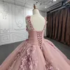 Rose Pink Mexican Charro Quinceanera Dresses 3d Floral Lace Pärled Corset Chapel Train Sweet 15 Vestidos de Debutantes Pink