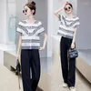 Women's Two Piece Pants Tweed Set 2023 Summer Salt High Quality Casual Suit Short Sleeve Tops And Trousers Pieces