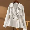 Vrouwen Trenchcoats Lente Korte Zachte Faux Leren Jas Voor Vrouwen Raglanmouwen Koord Revers Double Breasted Tops Herfst bovenkleding Slanke