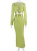 Work Dresses 2023 Women Two Piece Sets Maxi Skirt And Crop Tops Chiffon Long Sleeve Blouse Shirts Tie Waist Bottom Sexy See Through Suits