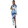 Casual Jurken Blauw Swirl Tie Dye Lange Jurk Dames Abstracte Print Party Maxi Lente Mooie Bodycon Hoge Split Gedrukt Vestido