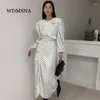 Casual Kleider WDMSNA Herbst Elegante Rundhals Frauen Kleid Nähte Rüschen Kordelzug Unregelmäßige Robe Koreanische Polka Dot Puff Sleeve