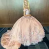 2024 szampan lśniąca księżniczka quinceanera sukienki z ramion koronkowe aplikacje 3D Flower Freading Crystal vestidos de 15 anos