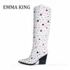 408 Empelled Chunky Cowgirl Western Boots Block Heels Knee High Boot Pointed Toe Slip-On Gemstone Decor Botas de Mujer 2 43