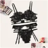 브라스 세트 Colrovie Floral Lace Sheer Garter Lingerie Set Women Black Intimates Sexy Bra와 Thongs Lads LJ201211 Drop Delivery App Dh21m