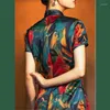 Vêtements ethniques chinois traditionnel Qipao robe femmes moderne 2023 vert imprimé à manches courtes longue Cheongsam Sexy élégant fendu mince rétro