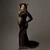 Moderskapsklänningar moderskapsklänningar för fotofotografering maxi lång bodycon sexig mesh lapptäcke hög sida delad rygglös gravid svart turtleneck hkd230808