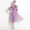 Casual Dresses 2023 Spring Autumn Women Dress 3D Bead Sequin Dragonfly Brodery Print Fashion Mesh Fairy Purple Prom