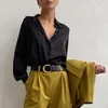 Рубашка с длинным рукавом женского блузки для женщин Осень Soild Spiny Shiny Satin Work Top Женская отворотная пуговица Blouse Tops Clothing