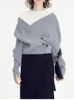 Pulls pour femmes gris col en v recadrée pull en laine irrégulière manteau 2023 automne hiver dames tricot lâche à manches longues pull tricoté haut