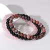 Pulseira de pedra natural feminina, masculina e feminina, 3 peças, 8 mm, pó rosa, quartzo, ametista, hematita