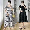 Maternity Dresses 2023 Summer Pregnant Woman Party Dress Puff Sleeve Square Collar Maternity Elegant Dress Pregnancy Princess Dress Black Floral HKD230808