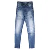 Męskie dżinsy europejskie mody vintage mody retro niebieskie elastyczne szczupły dopasowanie podarte spodnie Plain Wash Designer Denim Pants Hombre