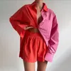 Survêtements pour femmes Ensemble de vêtements patchwork à manches longues Chemise boutonnée à revers Ourlet irrégulier Shorts Ensembles Tenues Ensemble Femme 2