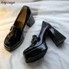 Dress Shoes Chunky Platform Loafers Heel Patent Leather Slip On Casual Shoes Women Lady Office Shoes Japanese Lolita Black white Heels 230807
