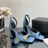 Son moda-heeled ayakkabılar gerçek ipek ayak bileği kayışı tıknaz topuk sandal sdecoratif pompa 9cm parti elbise yemek ayakkabıları lüks tasarımcı sandalet Sandals kadın kutu