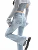 Damen Jeans LEDP Frau Streetwear Vintage gewaschene gerade Hose mit weitem Bein 2023 Y2K Blaue Freizeithose Korean Flared Skinny Denim