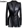 Skórzana sztuczna skóra Lautaro jesienna czarna czarna szczupła kurtka skórzana pu Kobieta głęboka v szyja długa puff rękawa elegancka luksusowa spódnica moda 2021 HKD230808